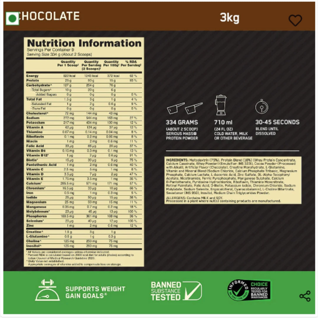 Serious Mass Weight Gainer - Chocolate flavour - 3KG